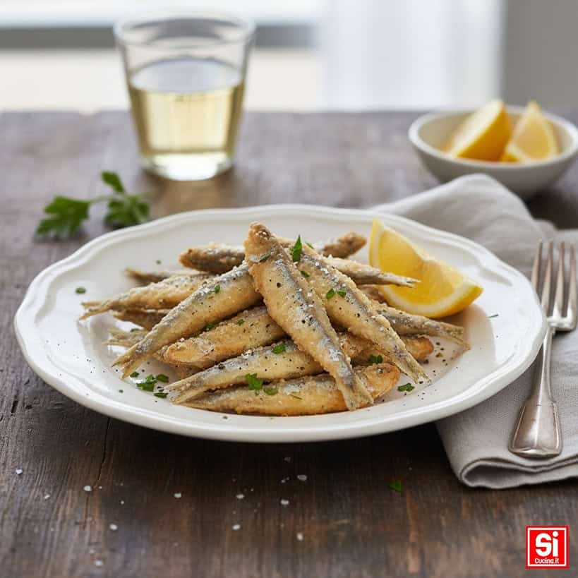 Piatto di alici fritte dorate e croccanti, servite con spicchi di limone.