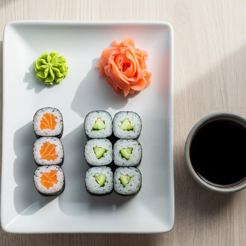 Otto pezzi di Hosomaki, con ripieno di salmone e cetriolo, disposti su un piatto rettangolare con wasabi, zenzero marinato e salsa di soia.
