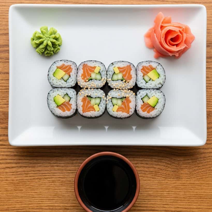 Otto pezzi di Maki sushi con salmone, avocado e cetriolo, disposti in due file su un piatto rettangolare, con wasabi, zenzero marinato e salsa di soia.