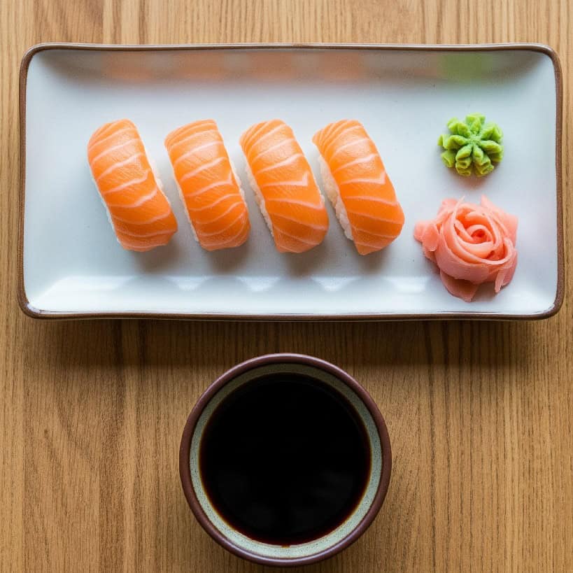 Quattro pezzi di Nigiri di salmone disposti su un piatto rettangolare, con wasabi, zenzero marinato e una ciotola di salsa di soia.