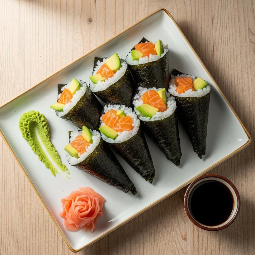 Un piatto con diversi Temaki, sushi a forma di cono, con ripieno di salmone e avocado, serviti con wasabi, zenzero e salsa di soia.