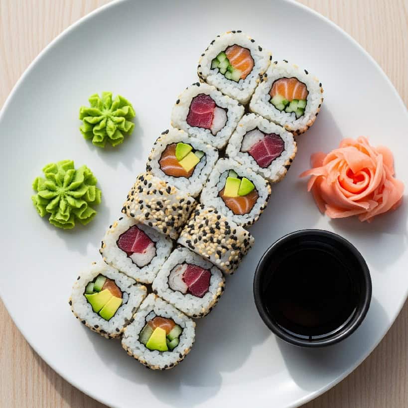 Un piatto di Uramaki (sushi 'inside-out') con riso all'esterno ricoperto di sesamo, ripieno di salmone, cetriolo e avocado, servito con wasabi, zenzero e salsa di soia.