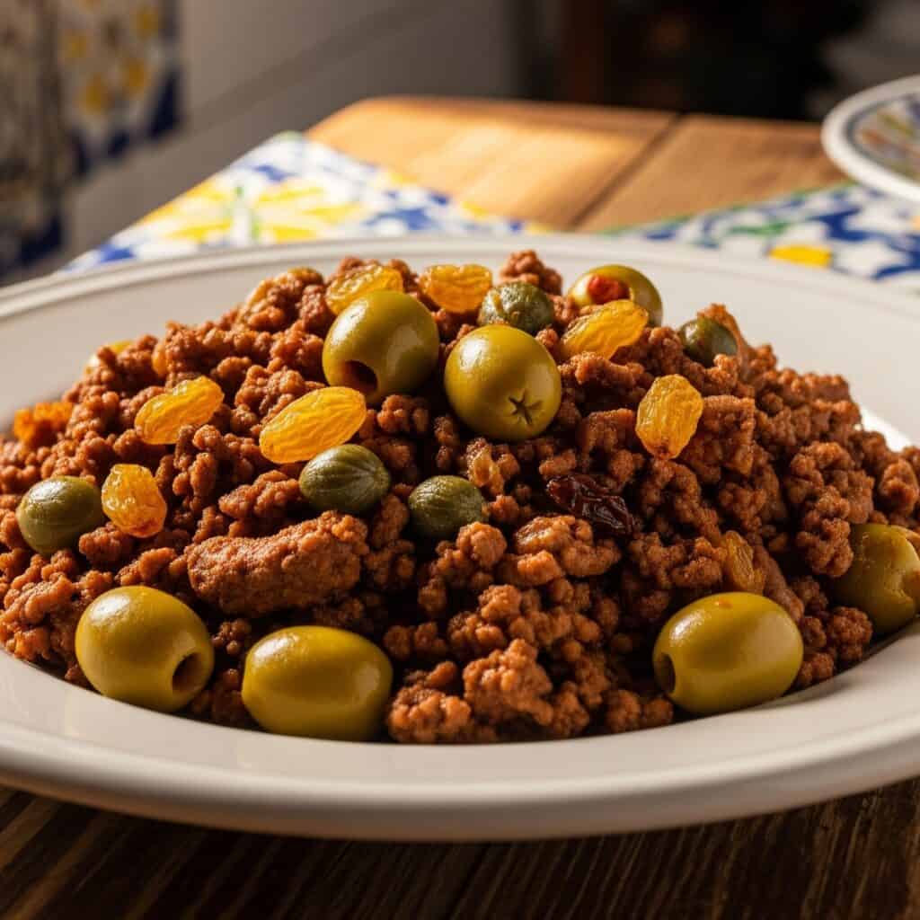 Primo piano di un piatto di Picadillo a la Habanera, con carne macinata di manzo, abbondanti olive verdi, capperi e uvetta dorata, su un piatto bianco rustico.