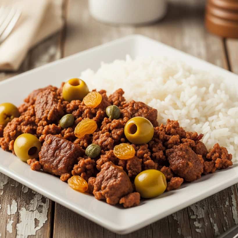 Piatto di Picadillo a la Habanera, carne macinata cubana con olive verdi, capperi e uvetta dorata, servito accanto a riso bianco su un tavolo di legno rustico.