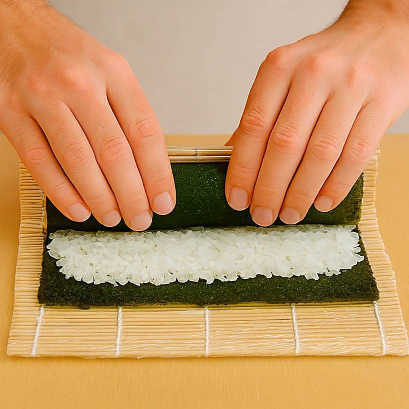 Mani che arrotolano un maki su un tappetino di bambù, con nori, riso e verdure visibili