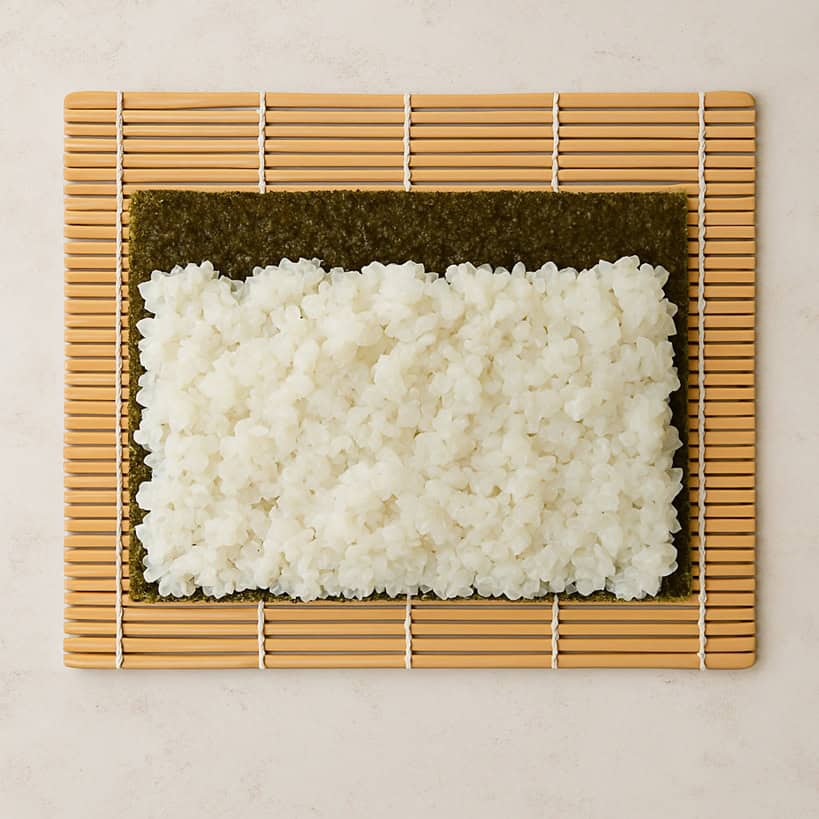 Stuoia di bambù con foglio di alga nori e riso per sushi distribuito uniformemente, su sfondo rustico chiaro.
