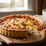 Una Quiche Lorraine von fetta tagliata su un piatto di legno, che mostra la consistenza cremosa del ripieno e la base di pasta brisée croccante.