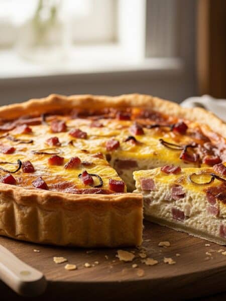 Una Quiche Lorraine von fetta tagliata su un piatto di legno, che mostra la consistenza cremosa del ripieno e la base di pasta brisée croccante.