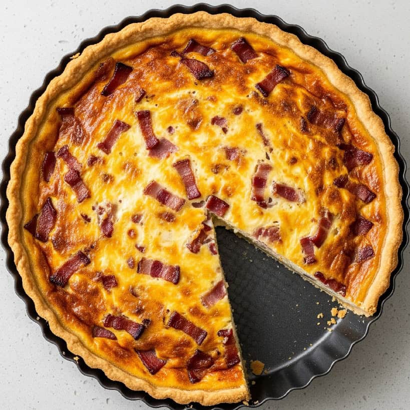 Vista dall'alto di una Quiche Lorraine intera in uno stampo scanalato, con una fetta mancante che mostra il ripieno.