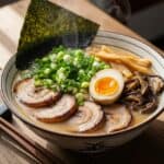 Ciotola di ramen Tonkotsu con brodo cremoso, fette di chashu, mezzo uovo marinato, cipollotto, funghi shiitake, menma e alga nori.