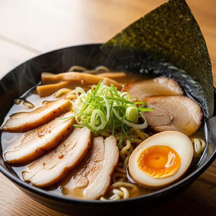 Ciotola di ramen con brodo chiaro, noodles, fette di chashu, mezzo uovo marinato con tuorlo cremoso, cipollotto, bambù e alga nori.