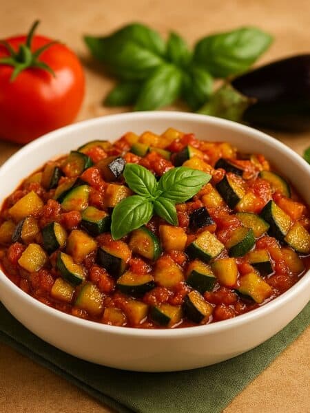 Ratatouille preparata con melanzane, zucchine, peperoni, pomodori e cipolla tagliati a cubetti e cotti lentamente