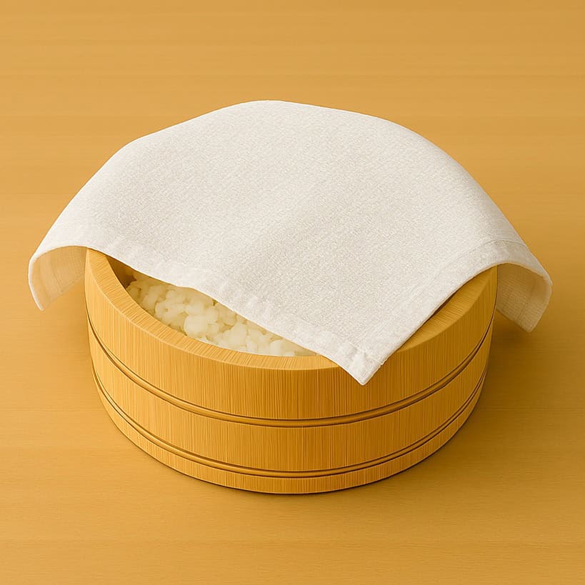 Il riso per sushi, già condito, è coperto con un panno bianco umido all’interno della hangiri, per mantenerne l’umidità.