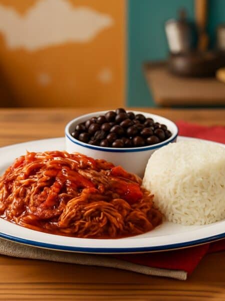 Piatto di Ropa Vieja autentica cubana con manzo sfilacciato in salsa di pomodoro e peperoni, accompagnato da riso bianco e frijoles negros.