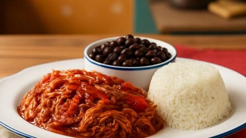 Piatto di Ropa Vieja autentica cubana con manzo sfilacciato in salsa di pomodoro e peperoni, accompagnato da riso bianco e frijoles negros.
