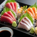 Piatto di sashimi fatto in casa con fette di tonno rosso, salmone arancione e branzino bianco, accompagnato da wasabi, zenzero e salsa di soia su un piatto nero rettangolare.