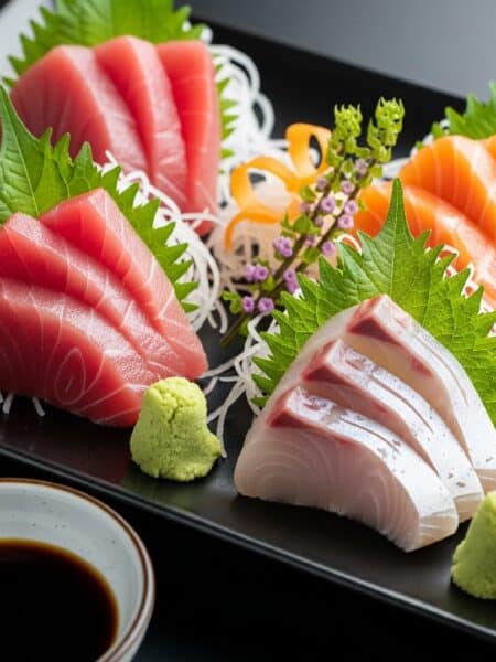 Piatto di sashimi fatto in casa con fette di tonno rosso, salmone arancione e branzino bianco, accompagnato da wasabi, zenzero e salsa di soia su un piatto nero rettangolare.