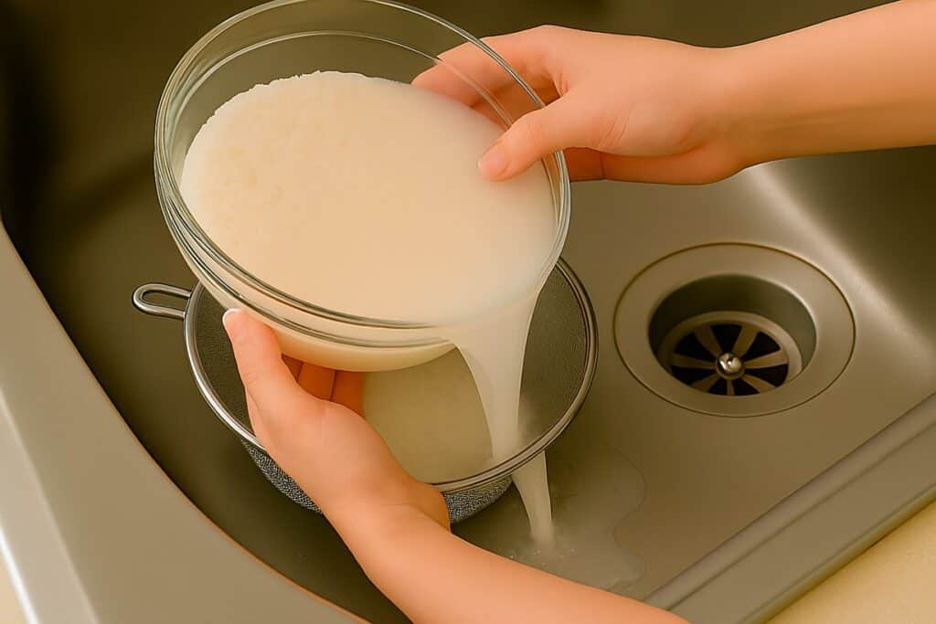 Mani che versano acqua lattiginosa da una ciotola di vetro con riso in uno scolapasta sopra un lavandino in acciaio inox