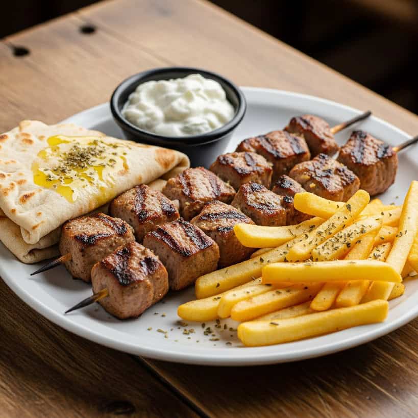 Un piatto di Souvlaki con due spiedini, patatine fritte, pita e una ciotola di tzatziki, su un tavolo di legno.