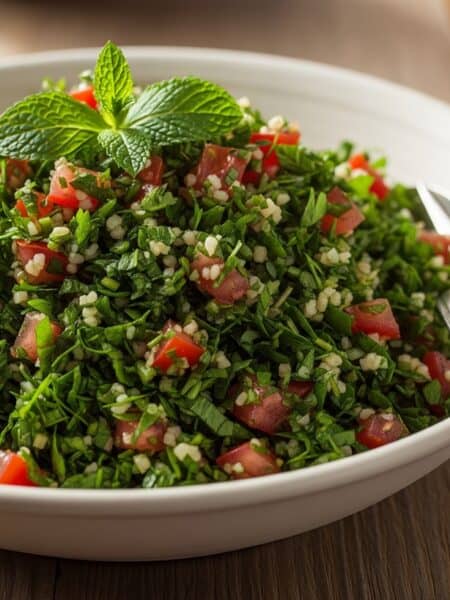 Piatto di Tabbouleh autentico pronto da servire, con prezzemolo, pomodoro e menta.