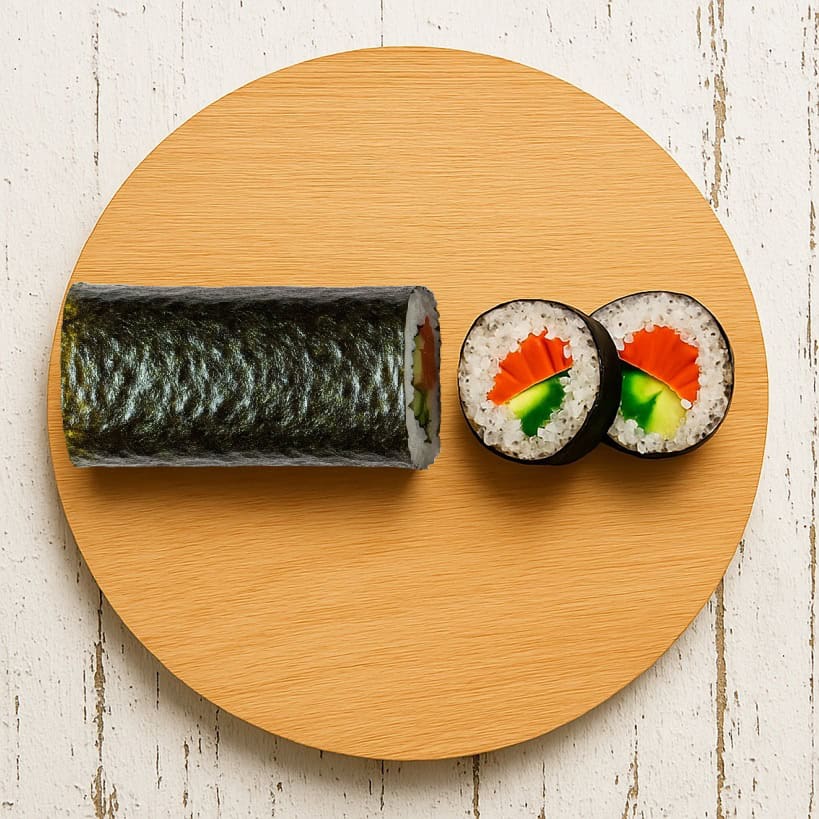 Un rotolo intero di sushi maki e due fette tagliate, con ripieno di salmone e cetriolo, su un tagliere rotondo in legno.