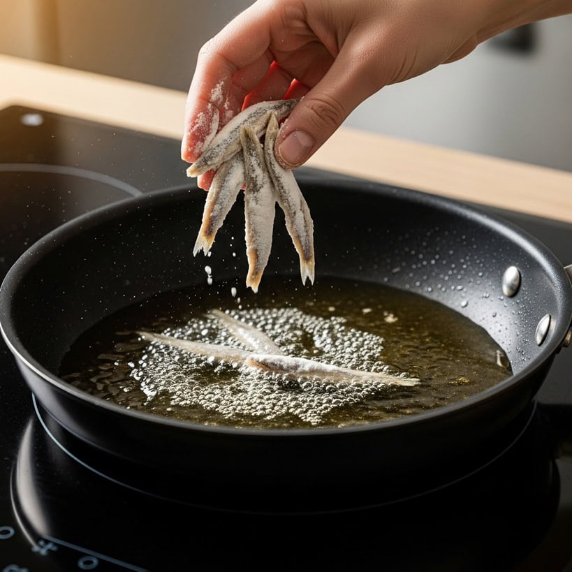 Mano che immerge alici infarinate in olio bollente in una padella nera su piano cottura, dimostrando la tecnica della frittura.