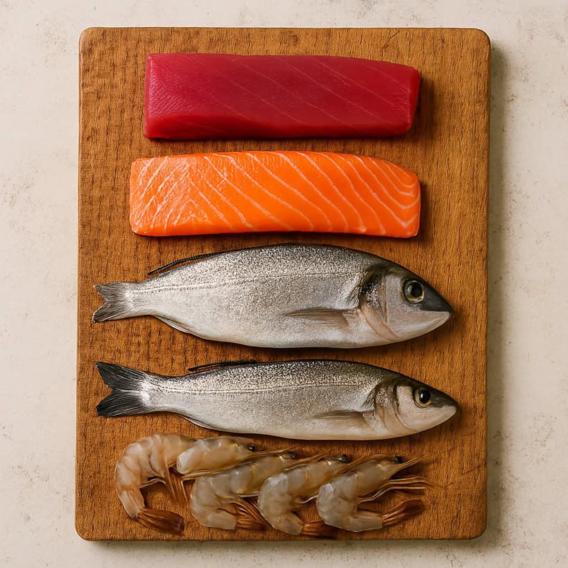 elezione di pesce crudo per sushi disposta su un tagliere di legno: tonno rosso, salmone, orata, branzino e gamberi crudi con guscio, fotografati dall’alto con luce naturale.