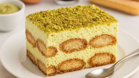 Fetta di tiramisù al pistacchio su piatto bianco con cucchiaio, decorata con granella di pistacchio, circondata da ingredienti come uova, crema al pistacchio, espresso e savoiardi.