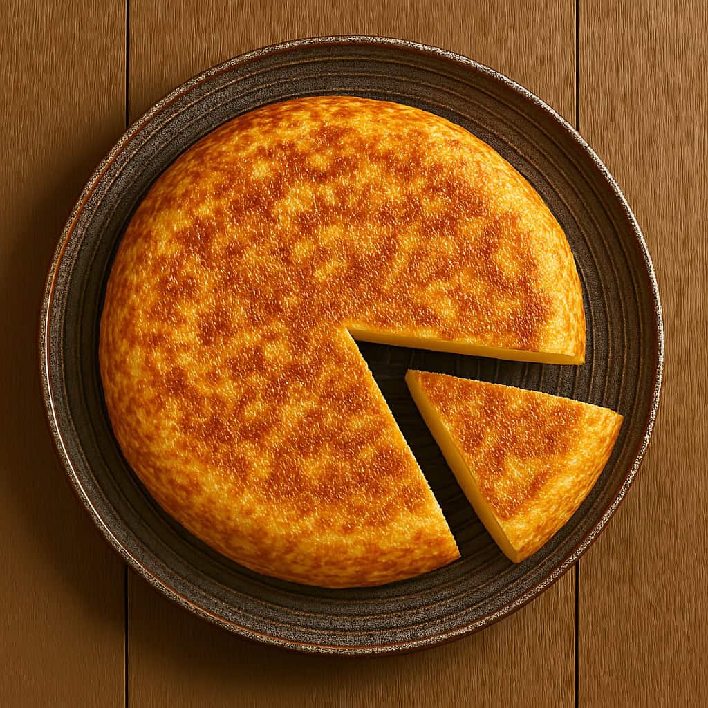 Vista dall’alto di una tortilla spagnola dorata su piatto ceramico rotondo con una fetta tagliata.
