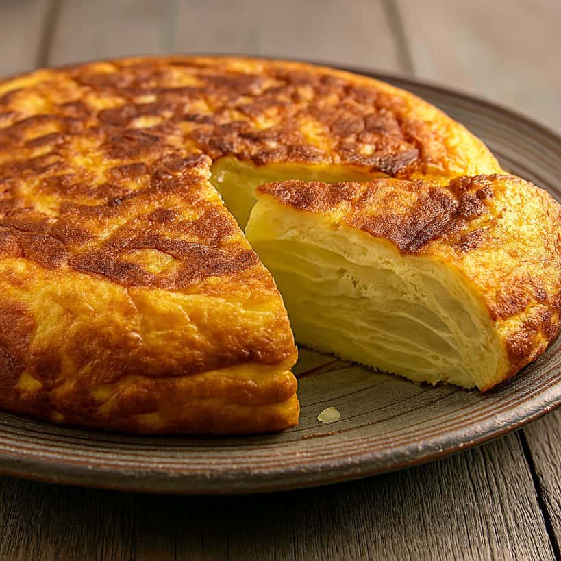 Un'autentica tortilla de patatas fatta in casa, con una fetta tagliata che ne rivela l'interno soffice e cremoso.