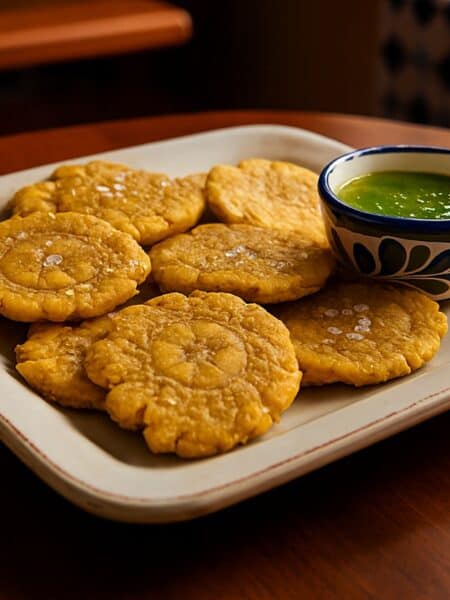 Piatto di Tostones cubani, platani verdi fritti due volte, dorati e croccanti, con una spolverata di sale e accompagnati da una ciotola di salsa mojo.