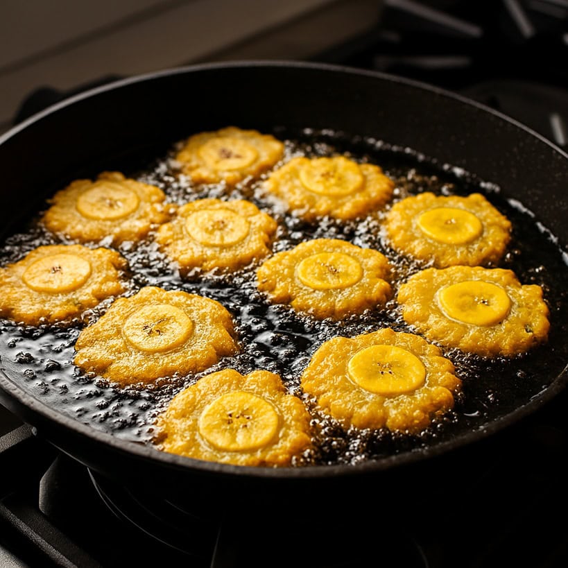 Primo piano di una padella in ghisa con olio bollente, dove i Tostones (dischi di platano schiacciato) friggono per la seconda volta, diventando dorati e croccanti.