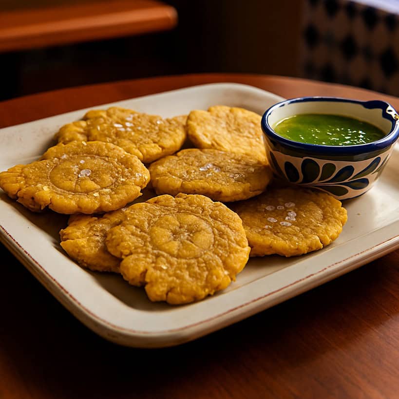 Piatto di Tostones cubani, platani verdi fritti due volte, dorati e croccanti, con una spolverata di sale e accompagnati da una ciotola di salsa mojo.