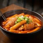 Una ciotola di Tteokbokki fumante con frittelle di riso, salsa piccante, torte di pesce e cipollotto, su un tavolo di legno scuro.