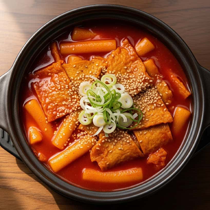 Vista dall'alto di una ciotola di Tteokbokki, che mostra gnocchi di riso e frittelle di pesce in una salsa densa, guarnita con cipollotto e sesamo.