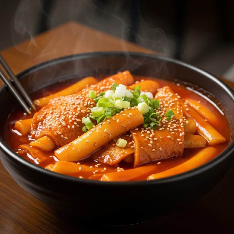 Una ciotola di Tteokbokki fumante con frittelle di riso, salsa piccante, torte di pesce e cipollotto, su un tavolo di legno scuro.