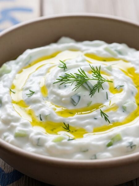 Una ciotola di legno piena di Tzatziki cremoso con cetriolo e aneto, su un tavolo di legno.