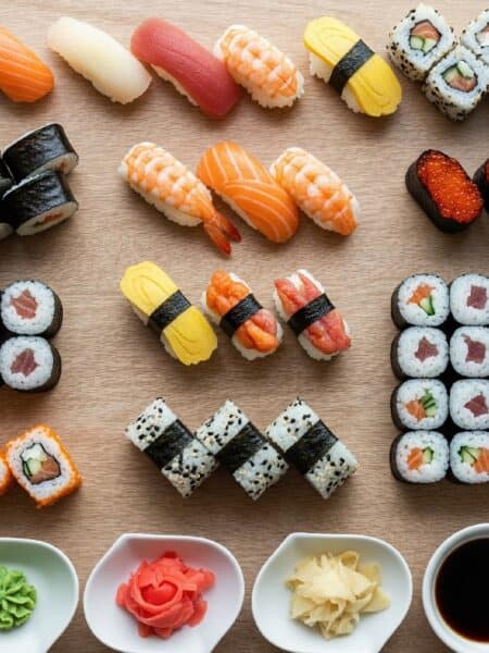 Visti dall'alto, diversi tipi di sushi fatti in casa (nigiri, maki, uramaki) disposti su un tavolo di legno chiaro, con wasabi, zenzero marinato e salsa di soia.