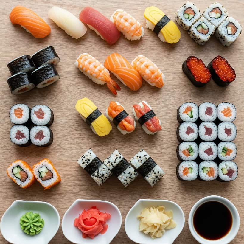 Visti dall'alto, diversi tipi di sushi fatti in casa (nigiri, maki, uramaki) disposti su un tavolo di legno chiaro, con wasabi, zenzero marinato e salsa di soia.