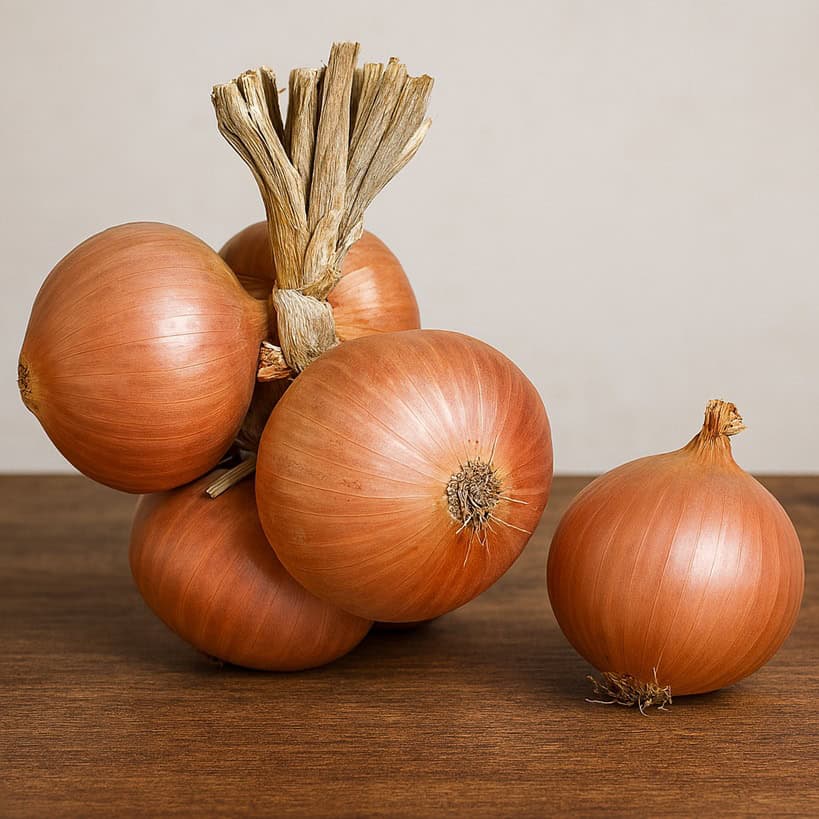 Treccia di cipolle ramate di Montoro su fondo rustico, ingrediente chiave per la Genovese napoletana