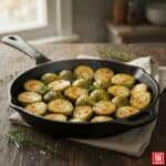 Come Cucinare i Cavoletti di Bruxelles tagliati a metà, rosolati e dorati in una padella di ghisa nera, poggiata su un tagliere di legno rustico. I cavoletti sono guarniti con rosmarino fresco e sale grosso.