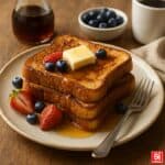 Tre fette di french toast dorato impilate su piatto rustico, con burro fuso, sciroppo d’acero, mirtilli e fragole, su tavolo in legno con luce naturale