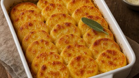 Gnocchi alla romana dorati e croccanti, disposti in una teglia rettangolare bianca su fondo rustico, con salvia e formaggio grattugiato
