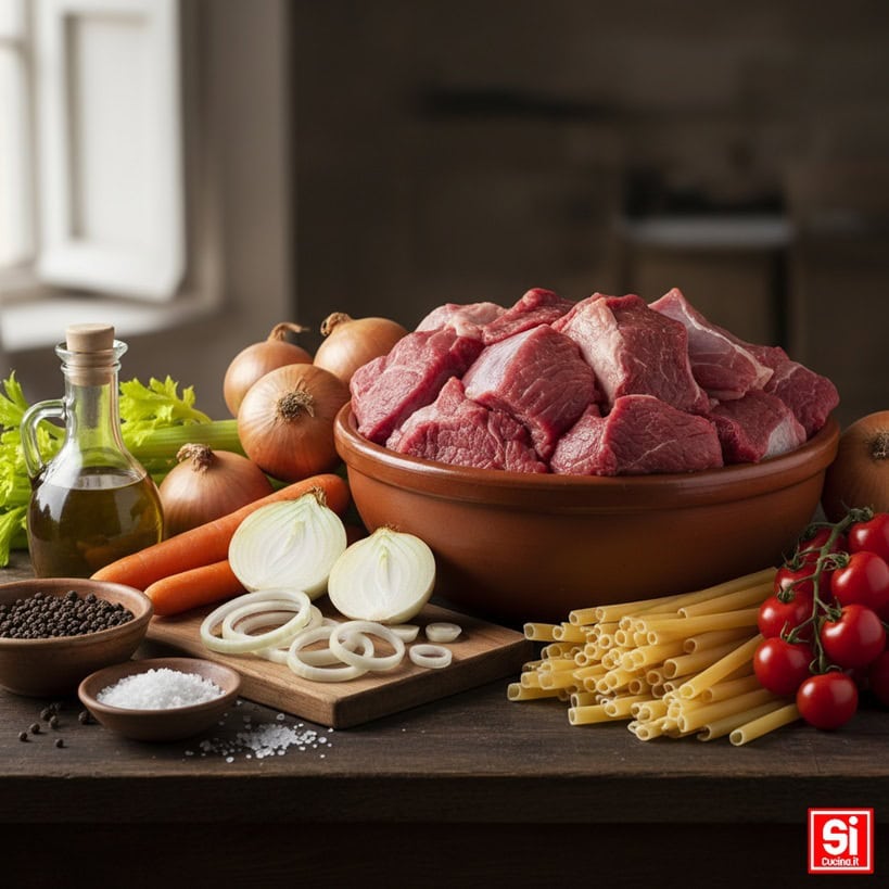 Ingredienti freschi per la ricetta della pasta alla Genovese: cipolle ramate, pezzi di scamone di manzo in una ciotola, ziti, pomodorini del Piennolo, sedano, carota, olio EVO, sale, pepe e alloro su un tavolo di legno.