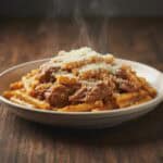 Un piatto fumante di pasta alla Genovese napoletana con ziti spezzati, sugo cremoso di cipolle e carne tenera, spolverato di formaggio grattugiato, su un tavolo di legno.