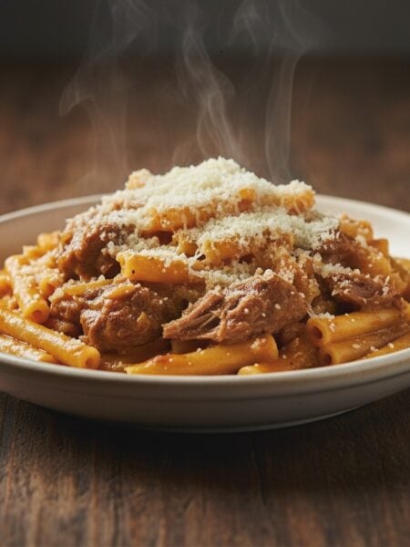 Un piatto fumante di pasta alla Genovese napoletana con ziti spezzati, sugo cremoso di cipolle e carne tenera, spolverato di formaggio grattugiato, su un tavolo di legno.