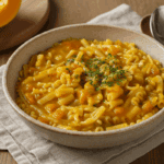 Piatto di pasta e zucca con pasta mista, guarnita con prezzemolo tritato finemente e poggiata su un panno di lino.