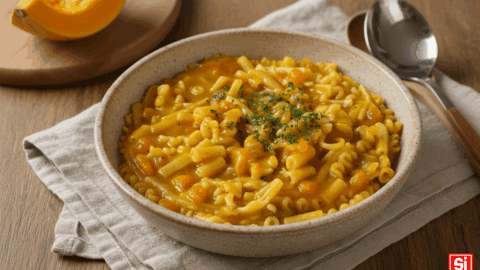 Piatto di pasta e zucca con pasta mista, guarnita con prezzemolo tritato finemente e poggiata su un panno di lino.