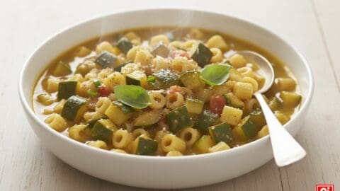Fotografia di una ciotola di pasta e zucchine, con pasta corta e cubetti di zucchina. Il piatto è guarnito con foglie di basilico e un cucchiaio.