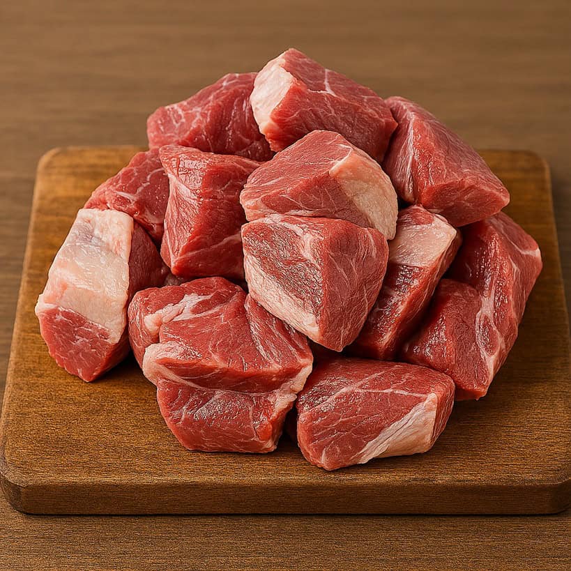 Pezzi irregolari di carne di manzo cruda con venature di grasso, disposti su un tagliere in legno, pronti per la preparazione della Genovese napoletana.